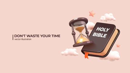 3D Apocalypse Concept. Realistic 3d design of Holy Bible and Hourglass. Apocalypse, end of the world, new world in cartoon minimal style. Vector illustration