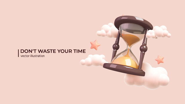 3D Time Management Concept. Realistic 3d design of Hourglass with Clouds and Stars. business timing, earn money, self organization, missed opportunities, day planning in cartoon Minimal style. Vector