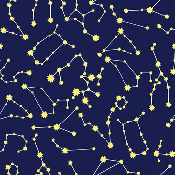 Astrological background with constellations of zodiac signs. Starry sky. Horoscope symbols. Magic space background. Vector illustration.