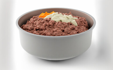 Ground beef in a bowl, white background, solitary. Generative AI