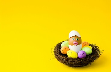 Easter eggs on a colorful background, cute holiday card.  Concept creative children's crafts.  Copy space for text, background image, foreground.