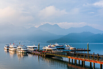 The scenery of the Yacht Marina at Sun Moon Lake in the morning is a famous attraction in Nantou, Taiwan.