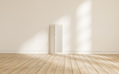 Empty room with opened door with white wall, 3d illustration rendering