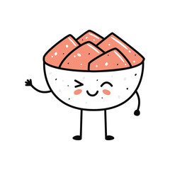 Kawaii sushi mascot in cartoon style. Cute ginger bowl for menu