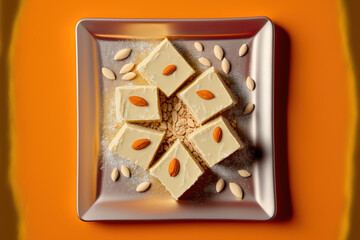 traditional Indian sweets Kaju katli or Kaju barfee made with milk khoya and cashewnuts. Kaju katli in top view with a silver vark on an orange background. Generative AI - obrazy, fototapety, plakaty