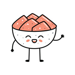 Kawaii sushi mascot in cartoon style. Cute ginger bowl for menu