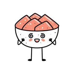 Kawaii sushi mascot in cartoon style. Cute ginger bowl for menu