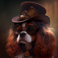 King charles cavalier spaniel in cool steampunk style, generative ai