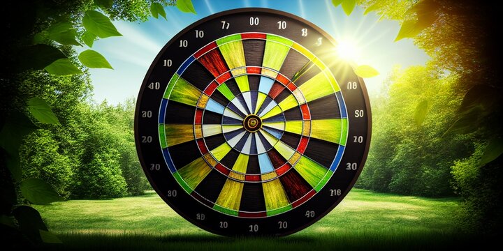 Gro&szlig;e Dartscheibe bunt im Freien auf der Wiese, ai generativ