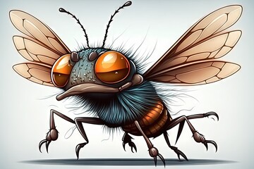  a cartoon fly insect with orange eyes and a long antennae, standing on one leg and looking at the camera with a sad look on its face.  generative ai