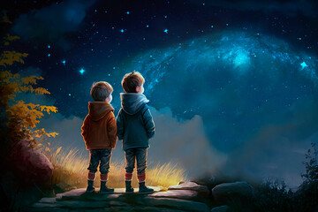 Obraz premium two little boys look at a fantasy starry night sky, a generative ai illustration of night scene of space outdoor