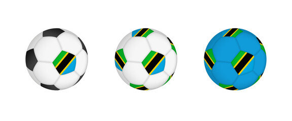 Collection football ball with the Tanzania flag. Soccer equipment mockup with flag in three distinct configurations.