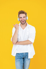 man wear music headphones on background. photo of man wear music headphones.