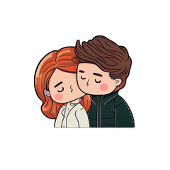 Cartoon of a young loving couple hugging and embracing each other isolated on a transparant background. Valentines day card, romantic elements. Hand-drawn illustration