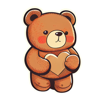 Cute Teddy bear holding heart cartoon isolated on a transparent background. Valentines day card, romantic elements. Hand-drawn illustration.