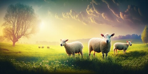 Panoramic countryside landscape of a field with lambs and sheep against early morning Spring light, generated art