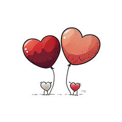 Cute heart shaped balloons cartoon isolated on a transparent background. Valentines day card, romantic elements. Hand-drawn illustration.
