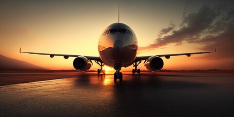Fototapeta na wymiar Flugzeug am Flugplatz in der Abendsonne nach der Landung. AI generativ