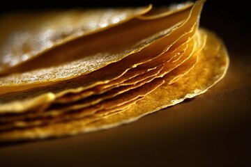  a stack of pancakes sitting on top of a wooden counter top next to a knife and a knife stuck in the top of the pancakes.  generative ai