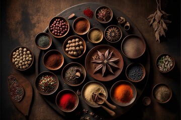 Obraz na płótnie Canvas a table topped with bowls filled with different types of spices and seasoning powders on top of a wooden table next to a wooden spoon. generative ai