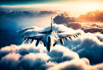 Modern fighter aircraft over a sea of clouds - generative ai