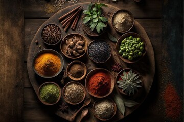 Obraz na płótnie Canvas a wooden plate topped with bowls filled with different types of spices and herbs on top of a wooden table next to a spoon and spoon. generative ai