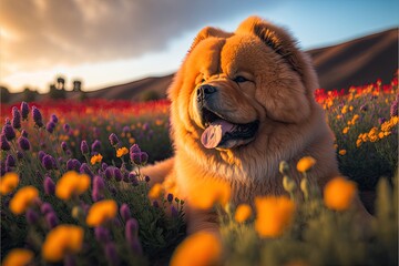 Chow chow dog in Flower Field