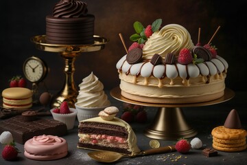  a variety of desserts and pastries on a table with a clock and a gold plate with a cake on it and a gold stand.  generative ai - obrazy, fototapety, plakaty