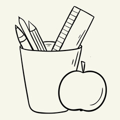 Apple is near a glass with pencils and a ruler. Hand drawn vector illustration