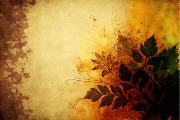  a painting of a leafy plant on a yellow and brown background with a grunge effect in the middle of the image and a corner of the picture.  generative ai