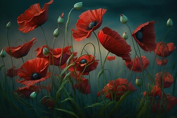  a painting of red poppies in a field of grass with a dark sky in the background and clouds in the distance, with a dark blue sky in the background.  generative ai