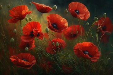  a painting of red poppies in a field of green and yellow grass, with a dark sky in the background, and a dark sky in the background.  generative ai