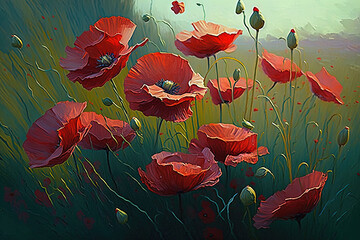  a painting of red poppies in a green field with a blue sky in the background and a green sky in the foreground, with a green field of grass and red flowers.  generative ai
