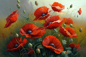  a painting of red poppies in a field of green grass with a sky in the back ground and a yellow sky in the background.  generative ai