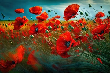  a painting of a field full of red poppies under a cloudy sky with a blue sky in the background and a green field of grass in the foreground.  generative ai