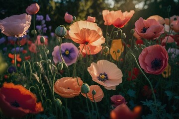  a field full of colorful flowers with trees in the background of the photo and a sun shining through the sky in the background.  generative ai