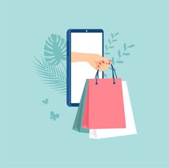 Female hand with packages coming out of smartphone screen. The concept of online shopping. Flat vector illustration