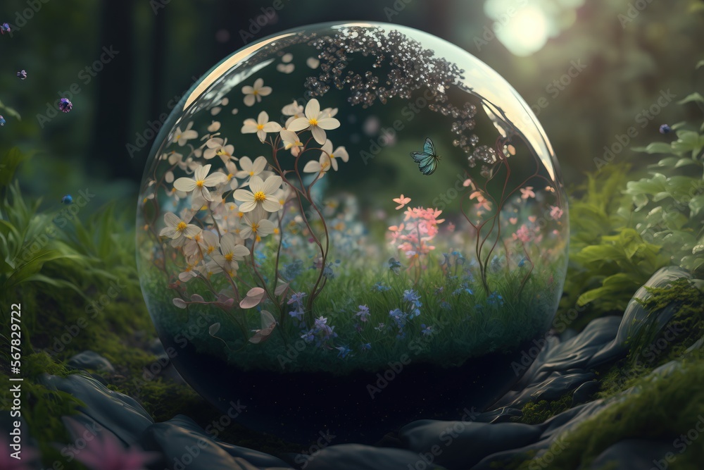 Wall mural  a glass ball with flowers in it sitting on a rock in a field of grass and flowers in the grass, with a butterfly flying overhead view of the sky.  generative ai