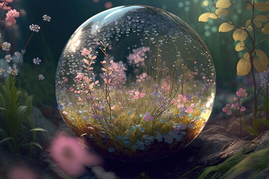  a painting of a glass ball with flowers in it on a rock in a field of grass and wildflowers, with a blue sky background of yellow and pink flowers.  generative ai