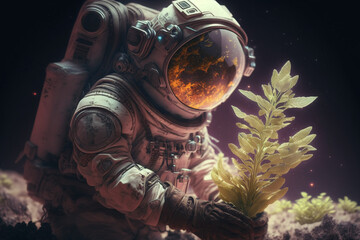 Astronaut grows plants on an alien planet, concept of inhabiting another planet, generated ai