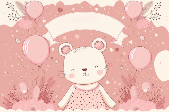 Baby shower horizontal banner on a pink background with a cartoon bear, bunny, helium balloons, and flowers. It's a female. a illustration based image. Generative AI