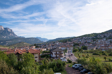 Fototapeta na wymiar Panorama of Trento. Mountains, clouds, green forests and hiking trails. High quality photo