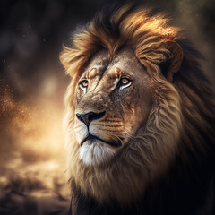 Naklejka premium Löwe in der Savanne, moody mit Bokeh erstellt mit Generativer AI