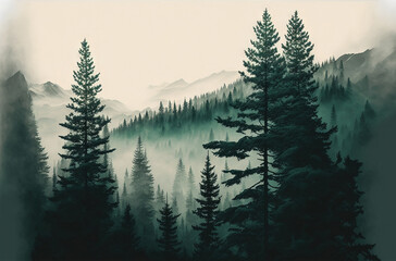 Fototapeta premium a misty mountain landscape with fir trees and copyspace, done in a vintage inspired hipster aesthetic. Generative AI