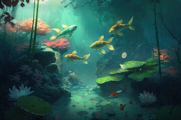  a group of fish swimming in a pond surrounded by water lilies and lily pad plants, under a blue sky with sunlight coming through the water.  generative ai