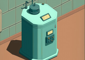 Homemade water softener with the lid closed, standing in the boiler room. Generative AI