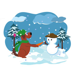 Friendly big dog in winter, green hat helps the snowman who lost his carrot