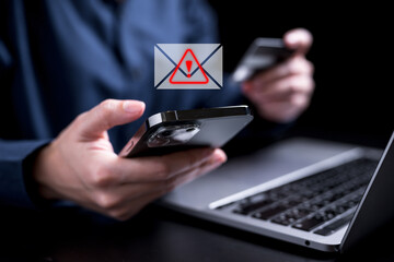 Email Spam icon. Spam link on mobile. Icon Email virus on smartphone virtual screen hologram...