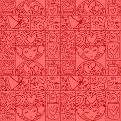 Valentines logo vector seamless pattern love, bag, heart, envelope line and abstract on red background. Hand drawn monoline constructor for romantic greeting card wedding