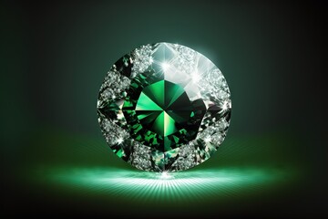 Fototapeta premium a green diamond surrounded by diamonds on a dark background with a green light shining through the center of the diamond, and the center of the diamond is surrounded by. generative ai